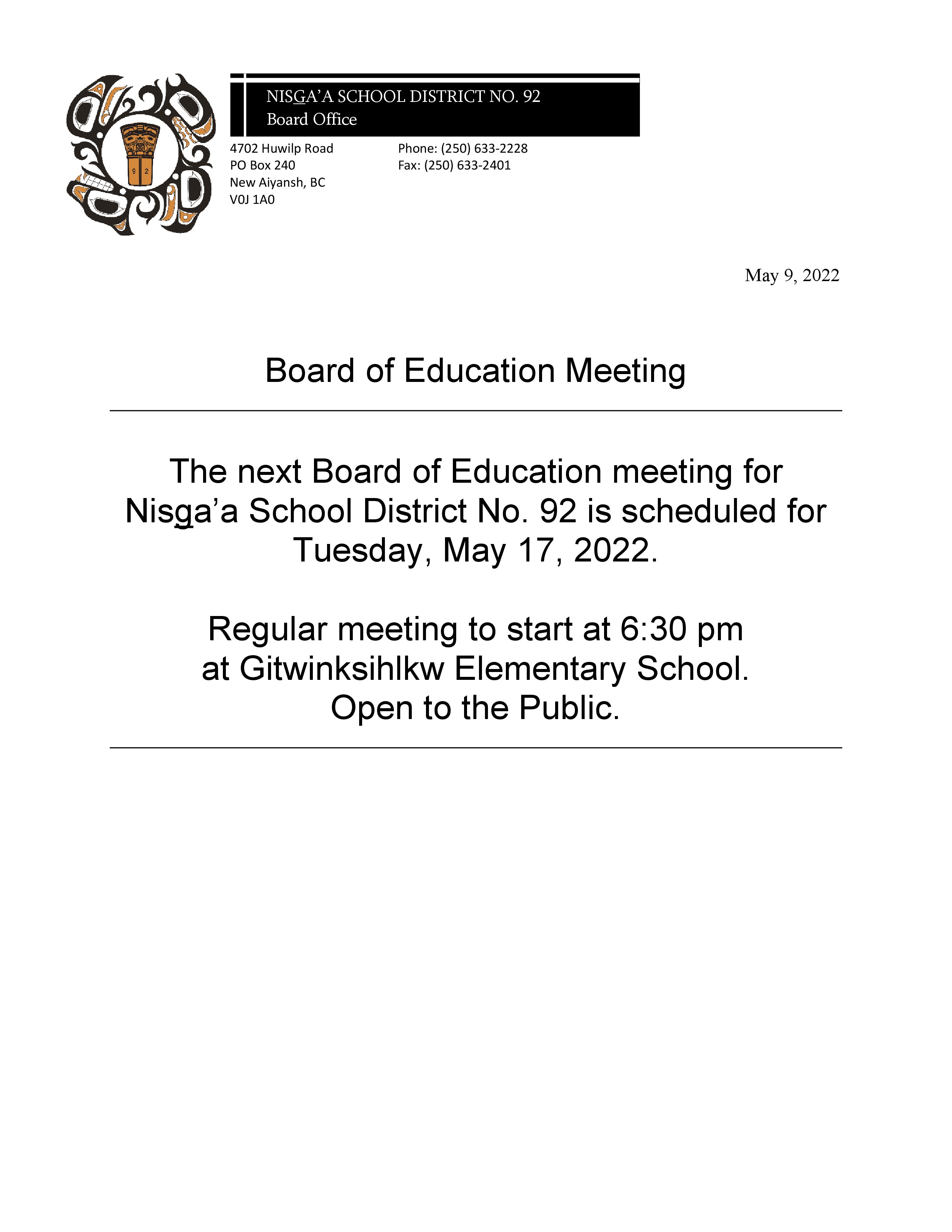 Board of Education Meeting Announcement: Tuesday, May 17, 2022.