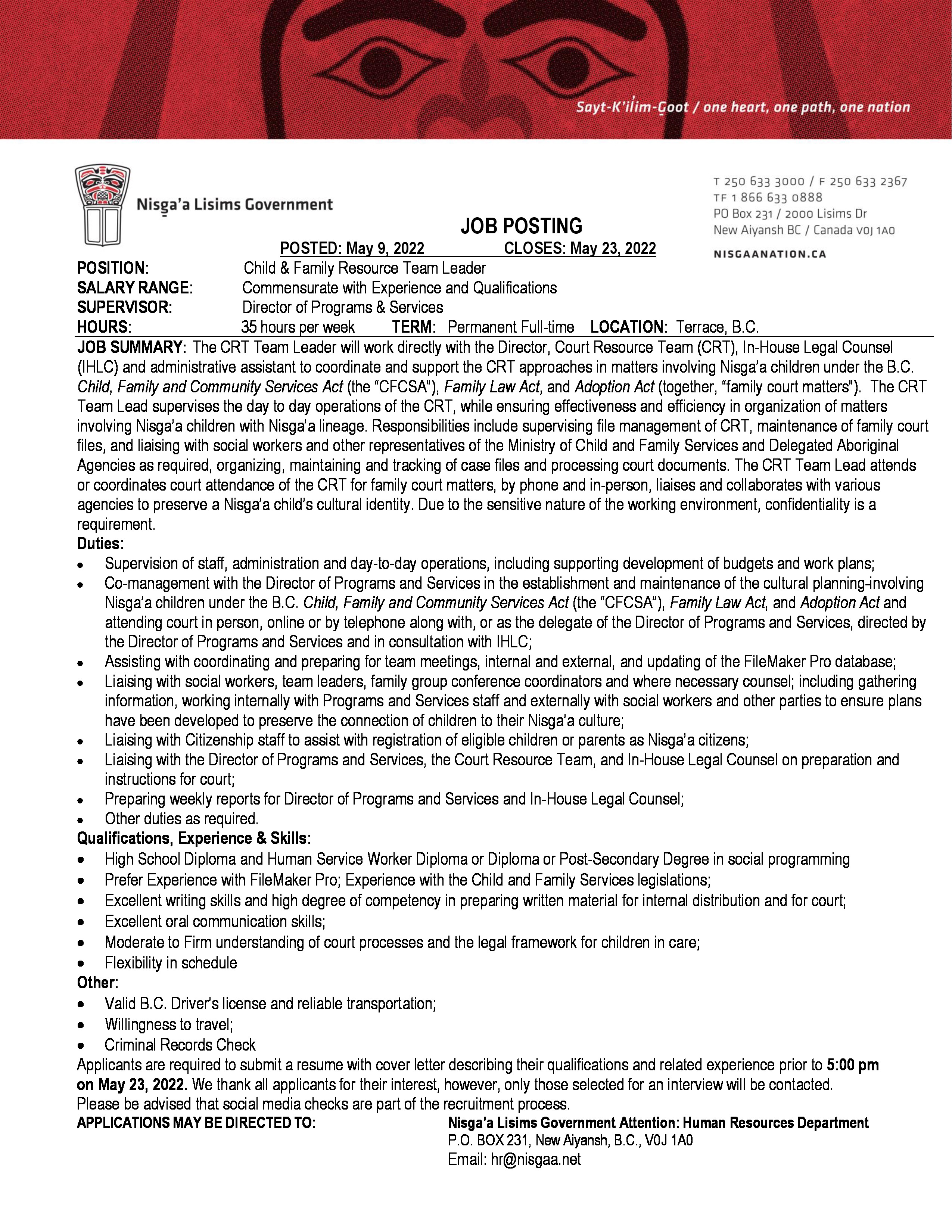 Employment Opportunity - Child & Family Resource Team Leader - Closing May 23, 2022