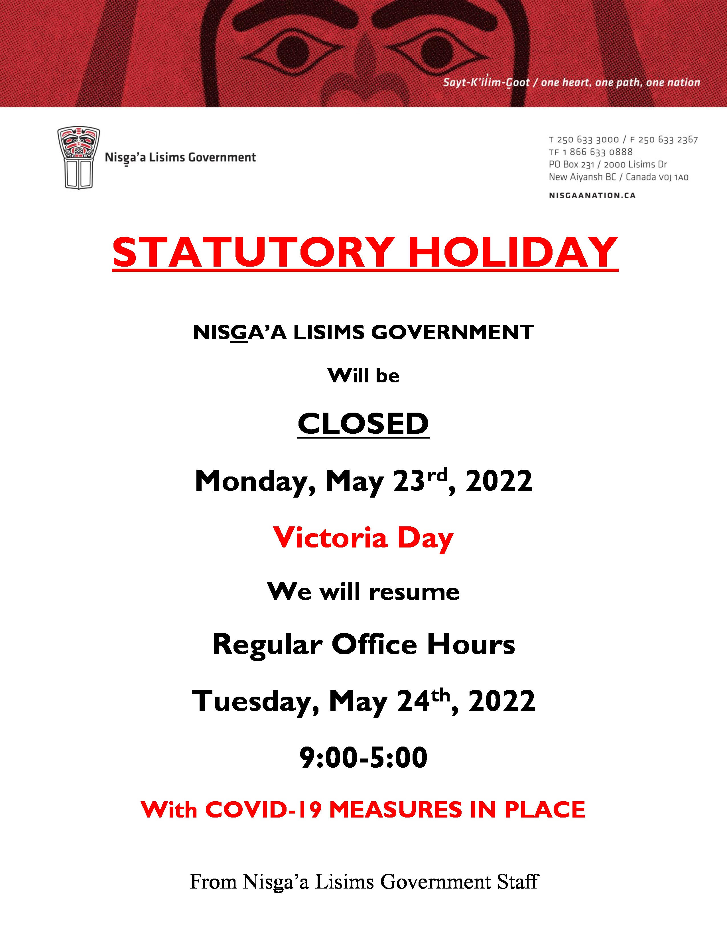 Nisga’a Lisims Government Building Office Closure - Victoria Day