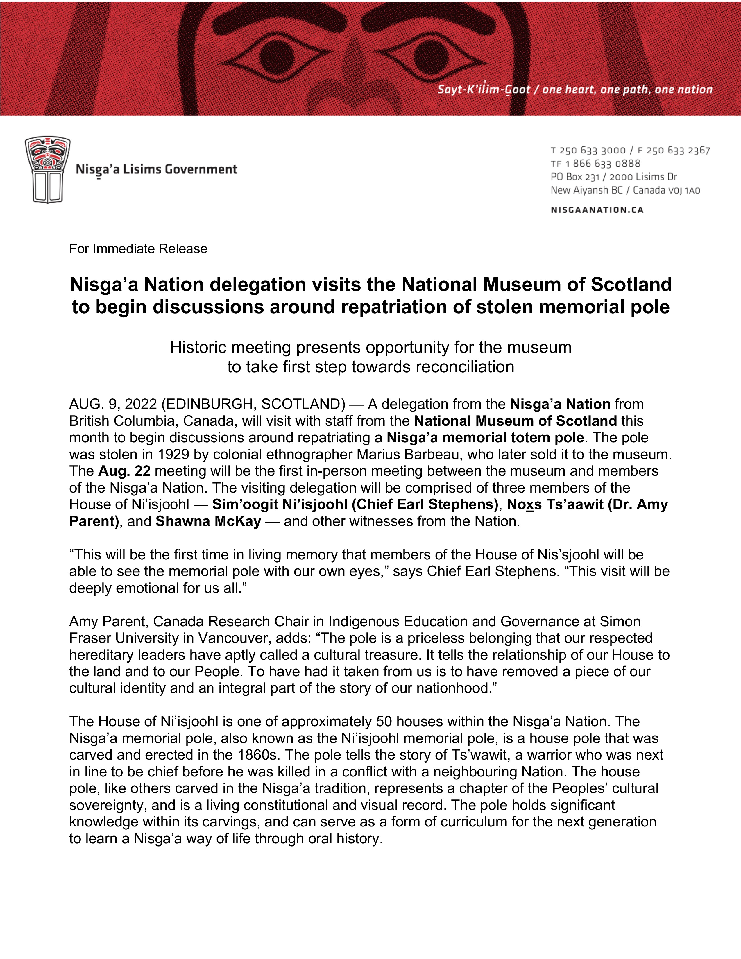 Press Release: Nisga’a Nation delegation visits the National Museum of Scotland to begin discussions around repatriation of stolen memorial pole. 1/2