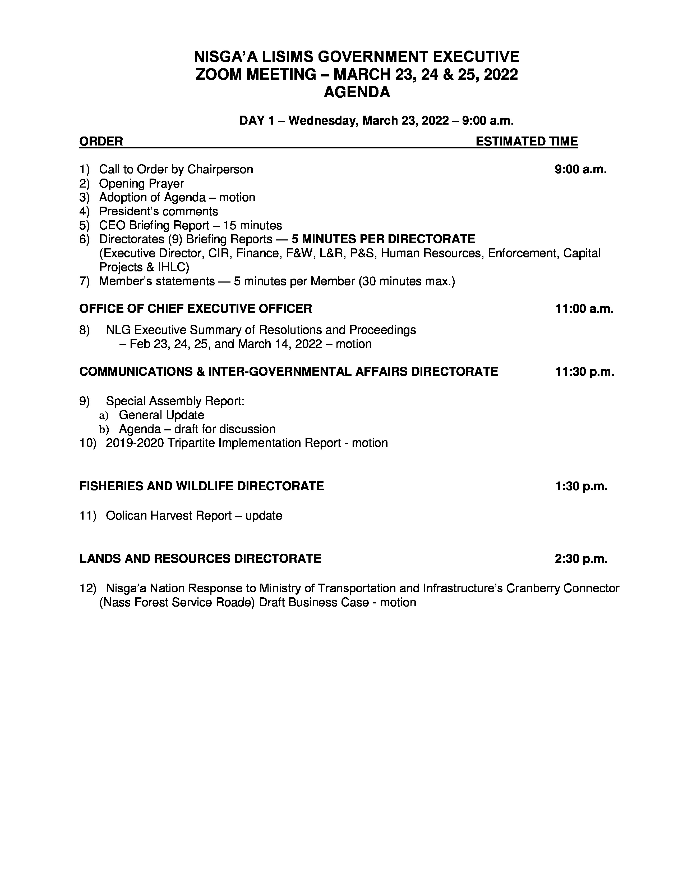 Agenda for Nisga'a Lisims Government Executive Meeting, Day1