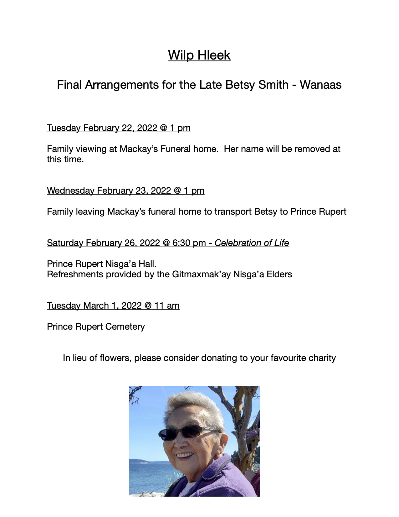 Wilp Hleek | Final Arrangements for the Late Betsy Smith - Wanaas.