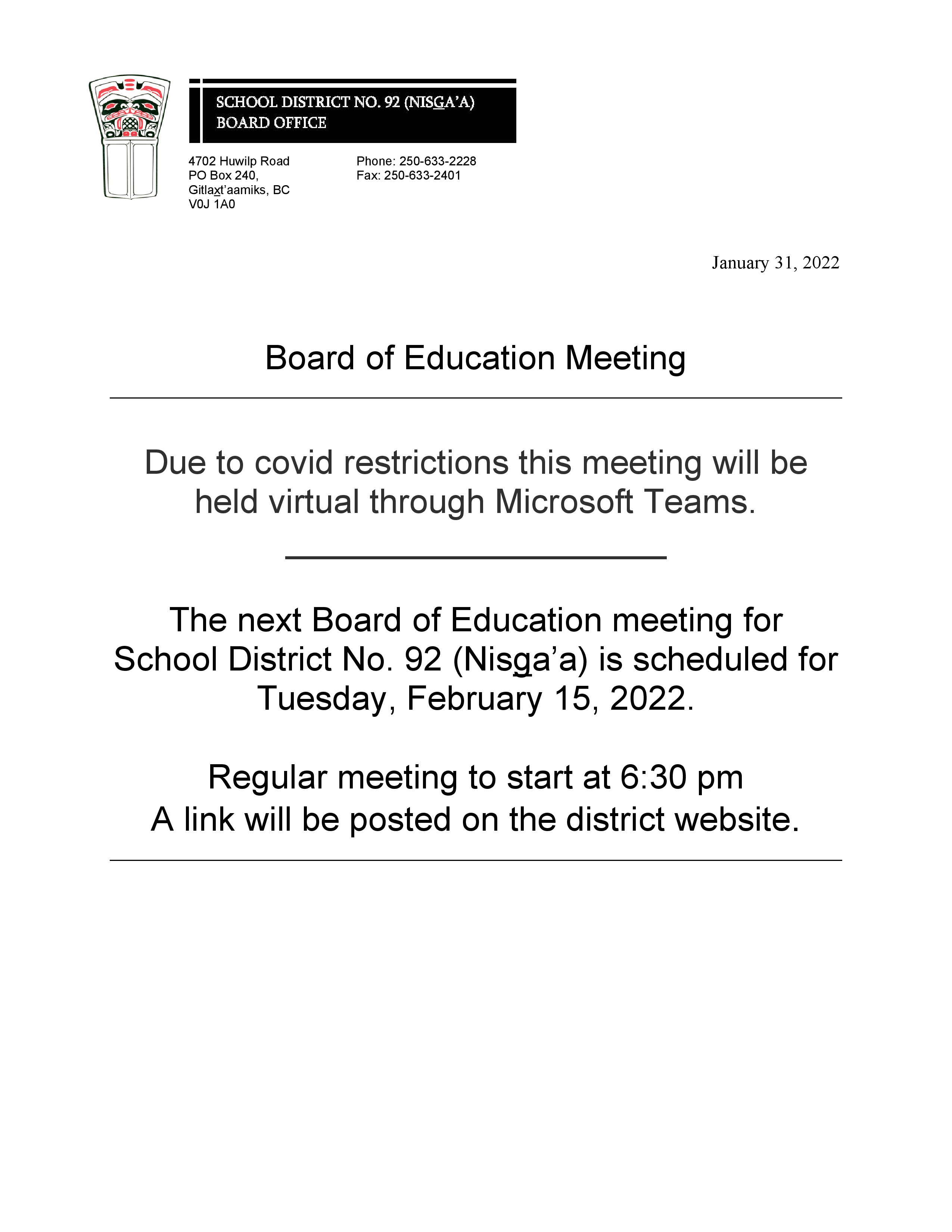 February 15-2022. Board of Education Meeting