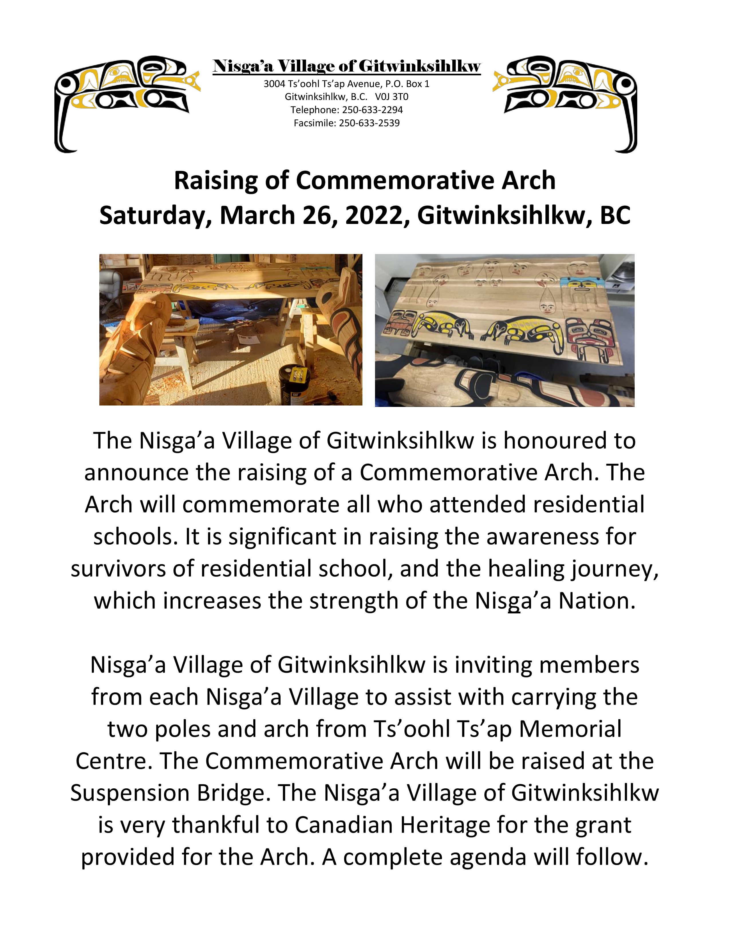 Raising of Commemorative Arch. Event: March 26, 2022, in Gitwinksihlkw