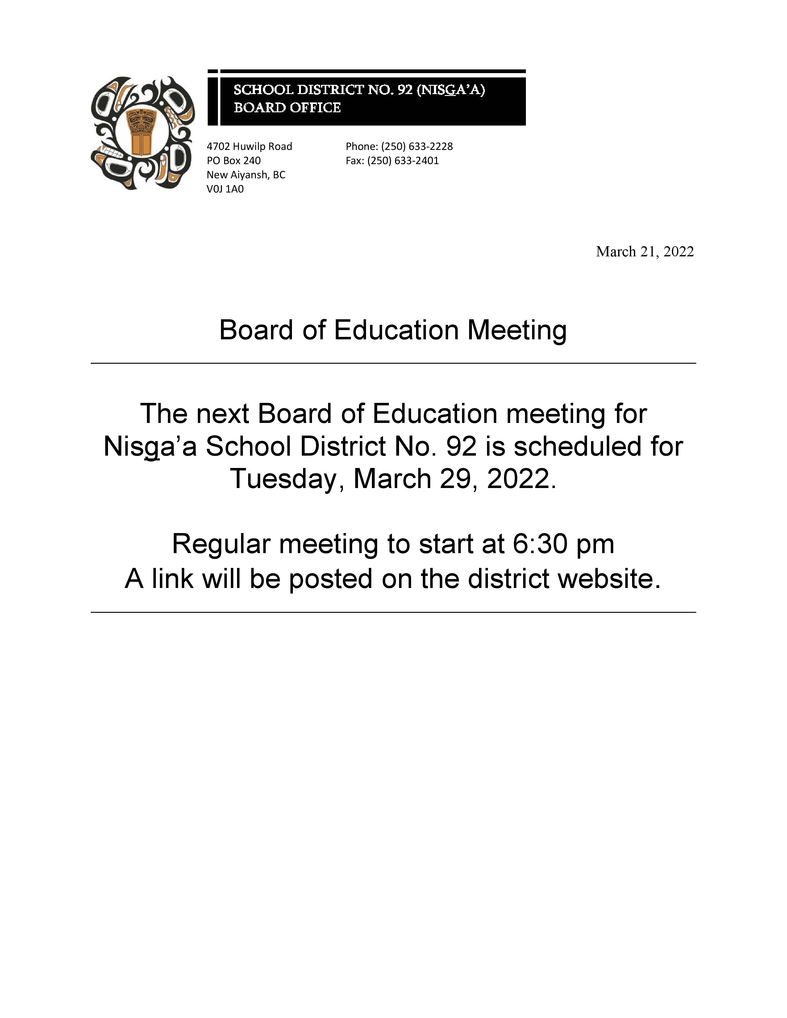 Mar 21. 2022. Board of Education Meeting. March 29-2022