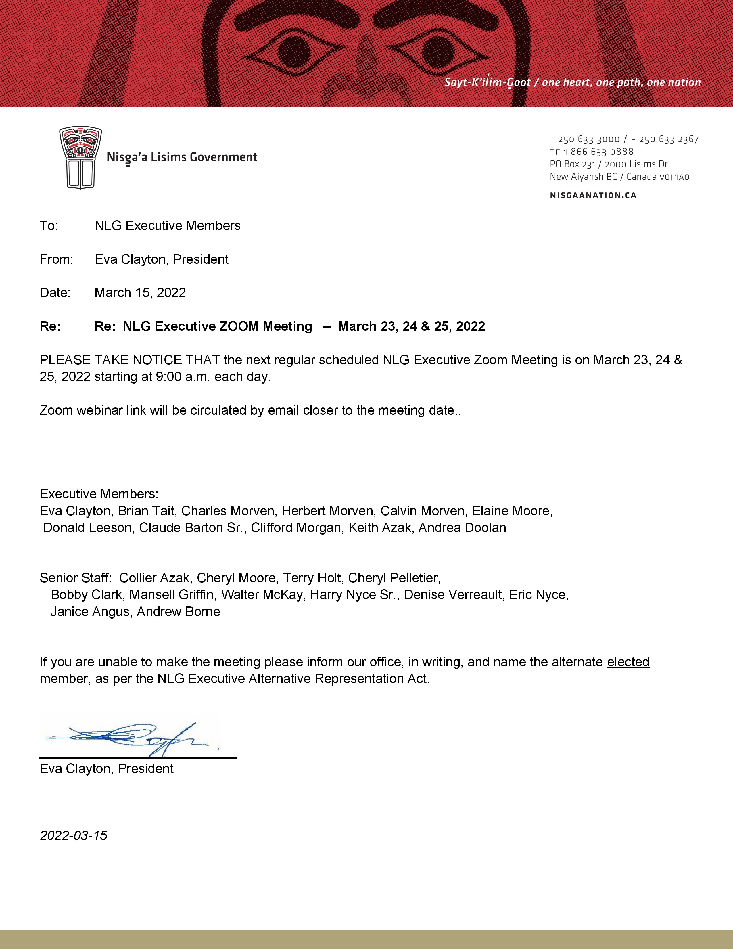 Mar 22. 2022. NLG Executive Zoom Meeting Notice - March 23 24 25 2022